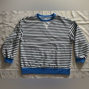 Unisex Black & White Striped Crewneck Sweater with Blue Trim